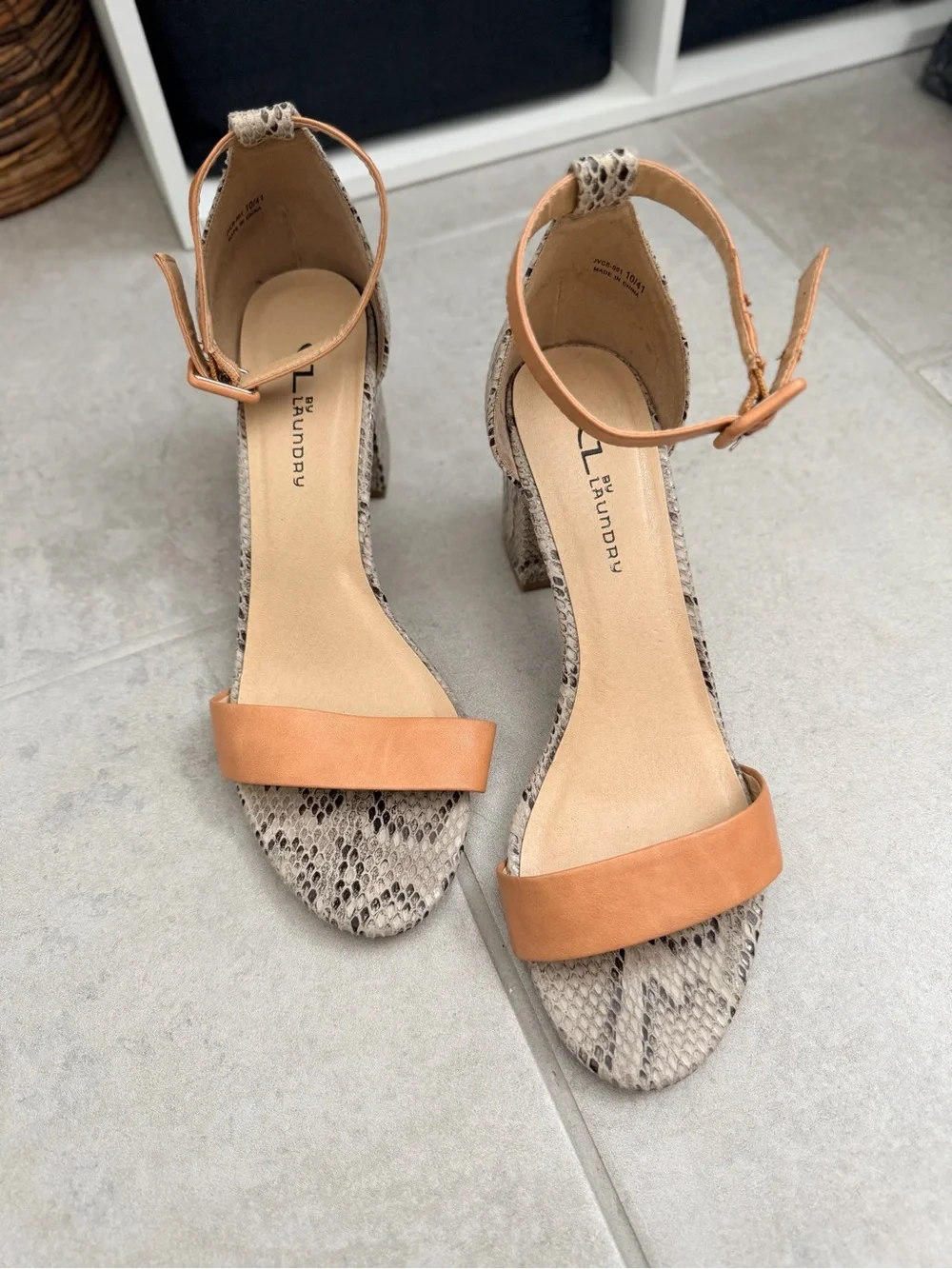 Tan Leather & Snake-Print Block Heel Sandals
